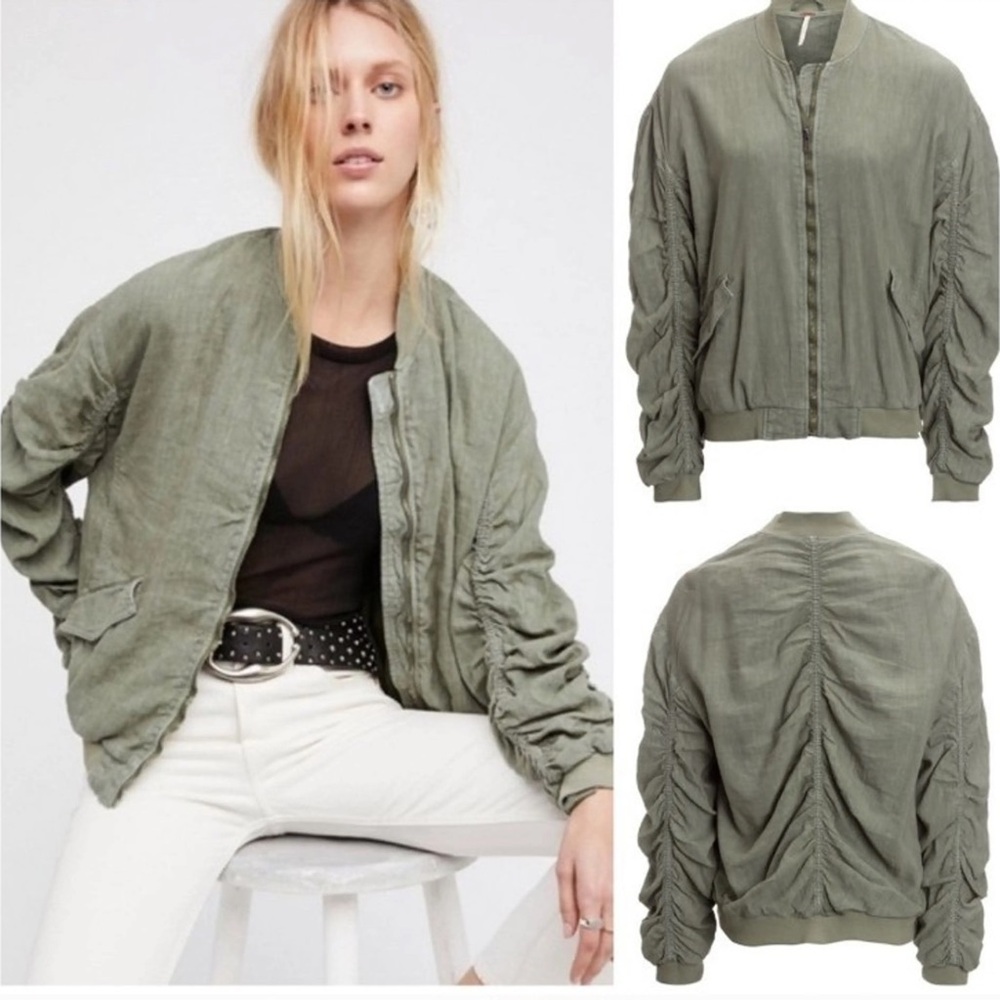 Free People Ruched Linen Bomber Jacket